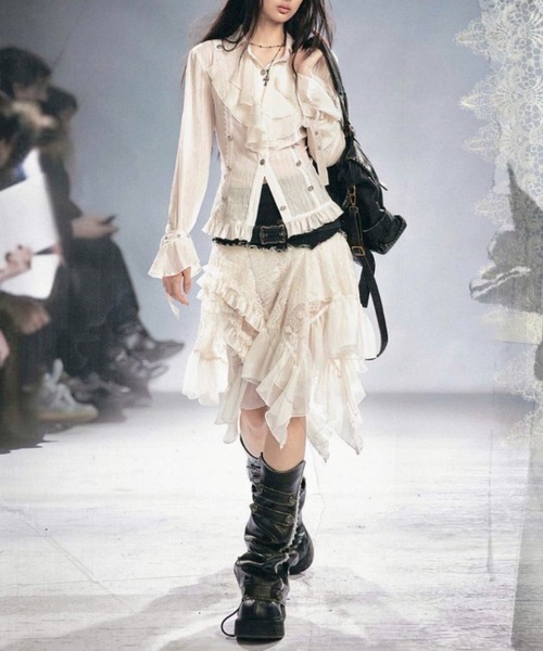 Cest Nous（セヌー）の「【Cest Nous】Lace Midi Skirt / 【セヌー】ウエストベルトアシンメトリーレースミディスカート（スカート・レディース・ホワイト/ブラック・S/M）」の13枚目の写真