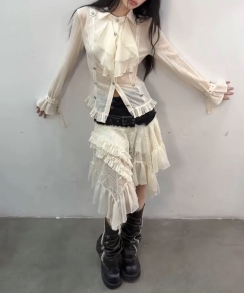 Cest Nous（セヌー）の「【Cest Nous】Lace Midi Skirt / 【セヌー】ウエストベルトアシンメトリーレースミディスカート（スカート・レディース・ホワイト/ブラック・S/M）」の16枚目の写真
