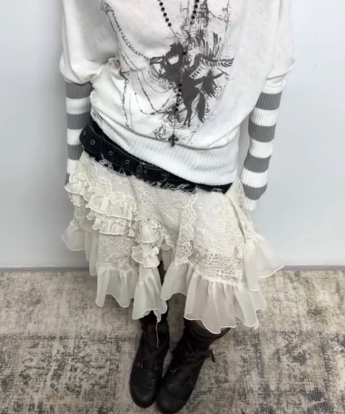 Cest Nous（セヌー）の「【Cest Nous】Lace Midi Skirt / 【セヌー】ウエストベルトアシンメトリーレースミディスカート（スカート・レディース・ホワイト/ブラック・S/M）」の20枚目の写真