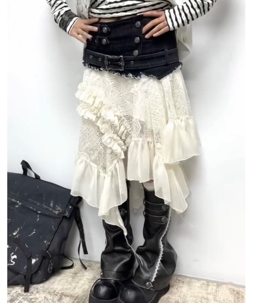 Cest Nous（セヌー）の「【Cest Nous】Lace Midi Skirt / 【セヌー】ウエストベルトアシンメトリーレースミディスカート（スカート・レディース・ホワイト/ブラック・S/M）」の21枚目の写真