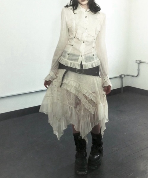 Cest Nous（セヌー）の「【Cest Nous】Lace Midi Skirt / 【セヌー】ウエストベルトアシンメトリーレースミディスカート（スカート・レディース・ホワイト/ブラック・S/M）」の15枚目の写真