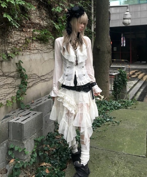 Cest Nous（セヌー）の「【Cest Nous】Lace Midi Skirt / 【セヌー】ウエストベルトアシンメトリーレースミディスカート（スカート・レディース・ホワイト/ブラック・S/M）」の6枚目の写真