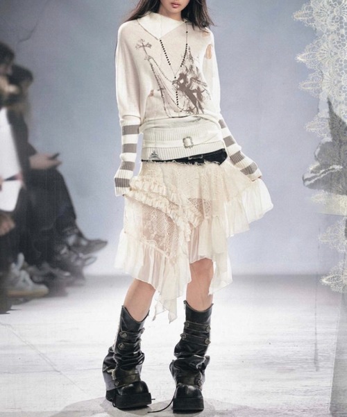 Cest Nous（セヌー）の「【Cest Nous】Lace Midi Skirt / 【セヌー】ウエストベルトアシンメトリーレースミディスカート（スカート・レディース・ホワイト/ブラック・S/M）」の14枚目の写真