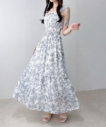 花柄シャーリングティアードロングワンピース