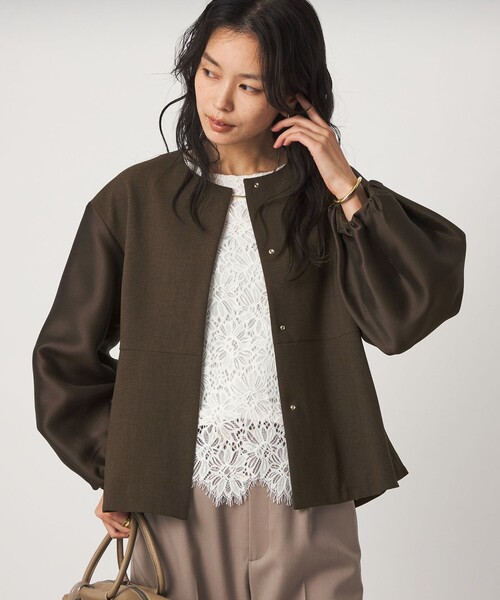 green label relaxing（グリーンレーベルリラクシング）の「［size SHORTあり］fleurie(フルリー) フォルム ジャケット（ノーカラージャケット・レディース・ネイビー/ダークブラウン・FREE/SHORT）」の2枚目の写真