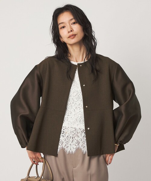 green label relaxing（グリーンレーベルリラクシング）の「［size SHORTあり］fleurie(フルリー) フォルム ジャケット（ノーカラージャケット・レディース・ネイビー/ダークブラウン・FREE/SHORT）」の10枚目の写真