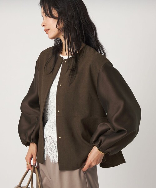 green label relaxing（グリーンレーベルリラクシング）の「［size SHORTあり］fleurie(フルリー) フォルム ジャケット（ノーカラージャケット・レディース・ネイビー/ダークブラウン・FREE/SHORT）」の12枚目の写真