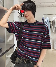 【NOWLE】ワンポイント刺繍 ヘンリーネック ボーダーサマーニット 半袖 Tシャツ / リラックス ニット トップス