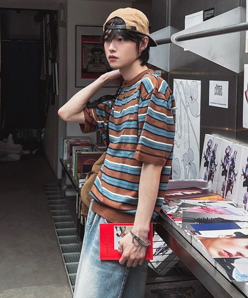 NOWLE(ノウル)の「【NOWLE】ワンポイント刺繍 ヘンリーネック ボーダーサマーニット 半袖 Tシャツ / リラックス ニット トップス(ニット/セーター・メンズ・ブラック/ブラウン・LARGE/X-LARGE/MEDIUM)」の21枚目の写真