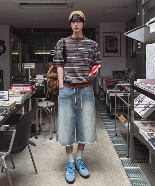 NOWLE(ノウル)の「【NOWLE】ワンポイント刺繍 ヘンリーネック ボーダーサマーニット 半袖 Tシャツ / リラックス ニット トップス(ニット/セーター・メンズ・ブラック/ブラウン・LARGE/X-LARGE/MEDIUM)」の17枚目の写真