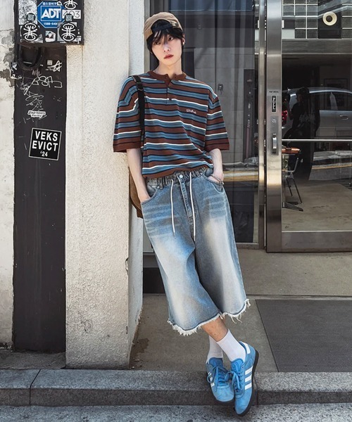 NOWLE(ノウル)の「【NOWLE】ワンポイント刺繍 ヘンリーネック ボーダーサマーニット 半袖 Tシャツ / リラックス ニット トップス(ニット/セーター・メンズ・ブラック/ブラウン・LARGE/X-LARGE/MEDIUM)」の14枚目の写真