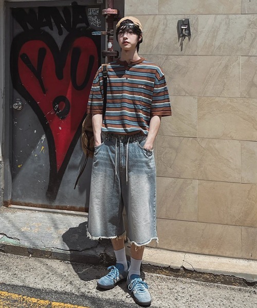 NOWLE(ノウル)の「【NOWLE】ワンポイント刺繍 ヘンリーネック ボーダーサマーニット 半袖 Tシャツ / リラックス ニット トップス(ニット/セーター・メンズ・ブラック/ブラウン・LARGE/X-LARGE/MEDIUM)」の13枚目の写真