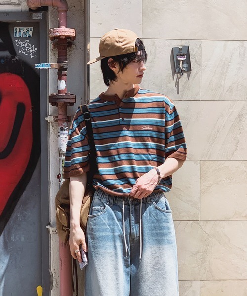 NOWLE(ノウル)の「【NOWLE】ワンポイント刺繍 ヘンリーネック ボーダーサマーニット 半袖 Tシャツ / リラックス ニット トップス(ニット/セーター・メンズ・ブラック/ブラウン・LARGE/X-LARGE/MEDIUM)」の12枚目の写真