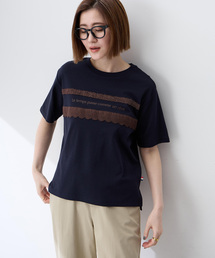 Petit Honfleur（プチオンフルール）の「レースロゴプリントTシャツ【接触冷感・UVカット・オーガニックコットンブレンド】（Tシャツ/カットソー）」