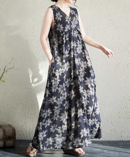 ONEP STAR（ワンピスター）の「総柄Vネックノースリーブマキシワンピース（ワンピース・レディース・L/K/J/I/H/G/F/E/D/C/B/A・FREE）」の20枚目の写真