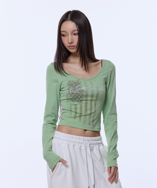 GILAARCHIVE(ギラアーカイブ)の「USA STAR CROP LONG SLEEVE_SAGE GREEN(Tシャツ/カットソー・レディース・その他・FREE)」の1枚目の写真