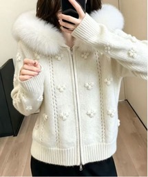 ファー襟立体フラワーモチーフWジップニットトップス