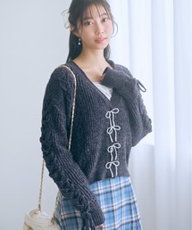 <大きいサイズ>パール調リボンモチーフニットカーディガン marun
