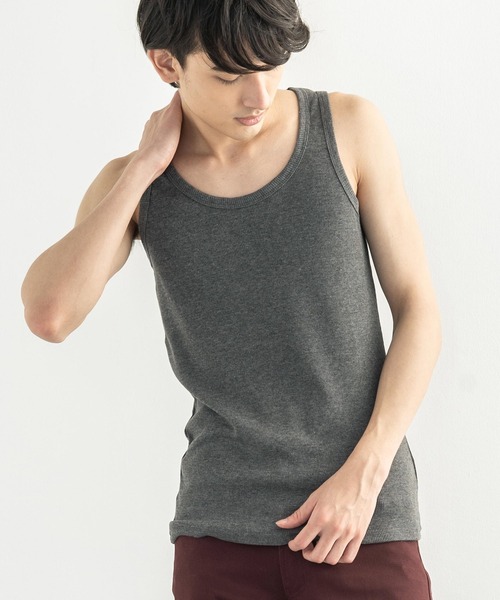 Rocky Monroe(ロッキーモンロー)の「Uネックテレコ素材タンクトップ(タンクトップ・メンズ・グレー/ライトピンク/パープル/イエロー/ターコイズブルー/ブルー/チャコールグレー/ダークブルー/オレンジ/チャコール/モカ/ブラウン/オフホワイト/サックスブルー/レッド/バーガンディー/ブラック/オリーブ/ライム/ライトグレー/ネイビー・L/M/LL)」の6枚目の写真