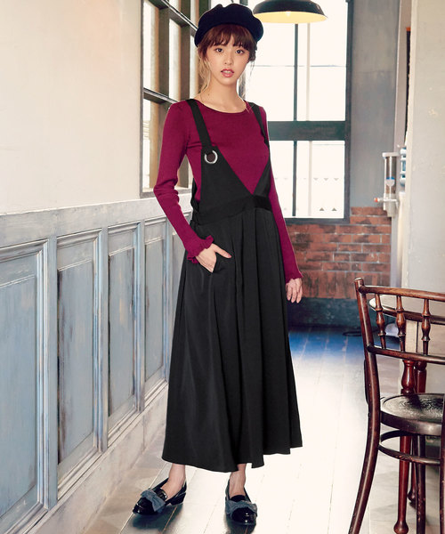 KOBE LETTUCE（コウベレタス）の「ハトメ金具デザインフレアジャンパースカート（ジャンパースカート・レディース・ブラック/ベージュ/ブラック系その他・FREE）」の2枚目の写真