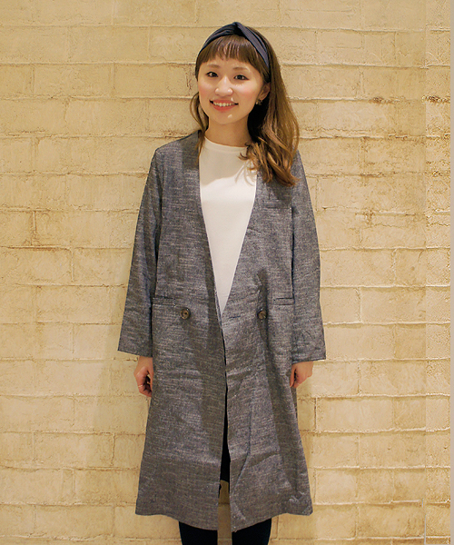 CIAOPANIC（チャオパニック）の「【Ciaopanic】　綿麻混ノーカラーロングコート（ノーカラージャケット・レディース・グレー/ブラック・FREE）」の2枚目の写真