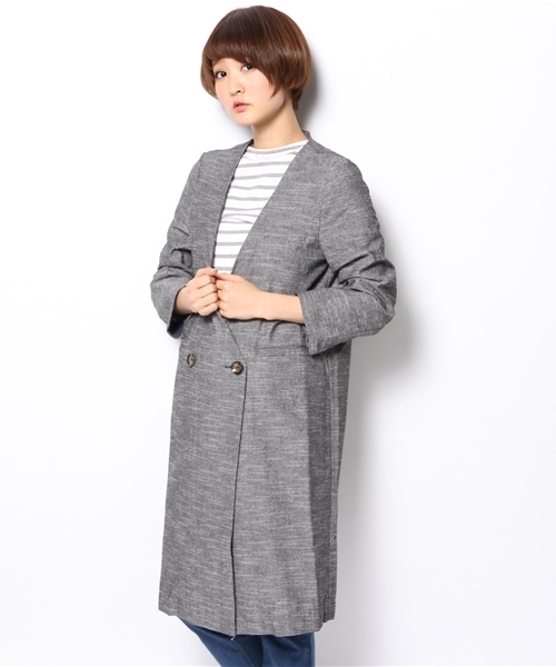 CIAOPANIC（チャオパニック）の「【Ciaopanic】　綿麻混ノーカラーロングコート（ノーカラージャケット・レディース・グレー/ブラック・FREE）」の12枚目の写真