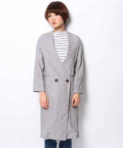 CIAOPANIC（チャオパニック）の「【Ciaopanic】　綿麻混ノーカラーロングコート（ノーカラージャケット・レディース・グレー/ブラック・FREE）」の3枚目の写真