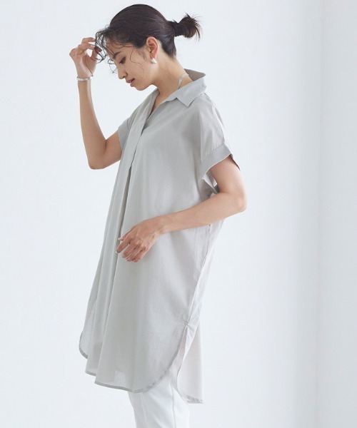 Pierrot(ピエロ)の「コットン100%スキッパーチュニックブラウス(シャツ/ブラウス・レディース・ブラック/ベージュ/グレー/オフホワイト・M/L)」の5枚目の写真
