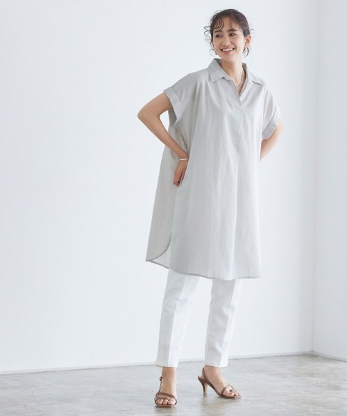 Pierrot(ピエロ)の「コットン100%スキッパーチュニックブラウス(シャツ/ブラウス・レディース・ブラック/ベージュ/グレー/オフホワイト・M/L)」の8枚目の写真