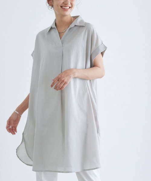 Pierrot(ピエロ)の「コットン100%スキッパーチュニックブラウス(シャツ/ブラウス・レディース・ブラック/ベージュ/グレー/オフホワイト・M/L)」の9枚目の写真