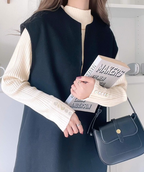 classicalelf（クラシカルエルフ）の「袖シェルボタン付きミドル丈ストレッチハイネックリブニット(長袖)（ニット/セーター・レディース・ブラック/モカ/アイボリー/カーキ/ライトグレー/ライトグリーン/パープル/ネイビー・MEDIUM/LARGE/X-LARGE/SMALL）」の10枚目の写真