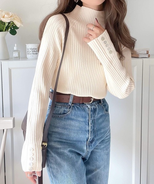 classicalelf（クラシカルエルフ）の「袖シェルボタン付きミドル丈ストレッチハイネックリブニット(長袖)（ニット/セーター・レディース・ブラック/モカ/アイボリー/カーキ/ライトグレー/ライトグリーン/パープル/ネイビー・MEDIUM/LARGE/X-LARGE/SMALL）」の12枚目の写真