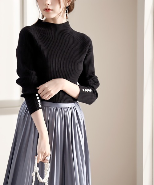 classicalelf（クラシカルエルフ）の「袖シェルボタン付きミドル丈ストレッチハイネックリブニット(長袖)（ニット/セーター・レディース・ブラック/モカ/アイボリー/カーキ/ライトグレー/ライトグリーン/パープル/ネイビー・MEDIUM/LARGE/X-LARGE/SMALL）」の22枚目の写真