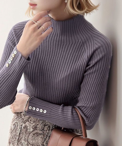 classicalelf（クラシカルエルフ）の「袖シェルボタン付きミドル丈ストレッチハイネックリブニット(長袖)（ニット/セーター・レディース・ブラック/モカ/アイボリー/カーキ/ライトグレー/ライトグリーン/パープル/ネイビー・MEDIUM/LARGE/X-LARGE/SMALL）」の16枚目の写真