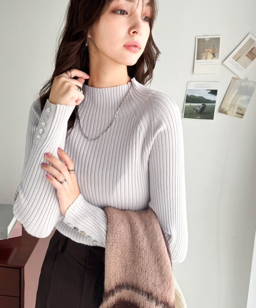 【極美品✨】ENFOLD リブニット　マルチカラー　ウール100% 薄手　伸縮性 セール】袖シェルボタン付きミドル丈ストレッチハイネックリブニット