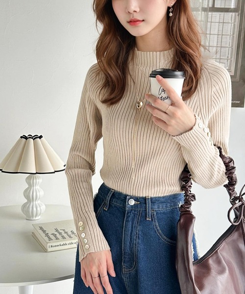 セール】袖シェルボタン付きミドル丈ストレッチハイネックリブニット