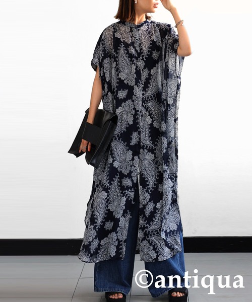 極美品 ビアズリー ペイズリー柄 シャツワンピース ロンク 洗える バンドカラー 極美品 ビアズリー ペイズリー柄 シャツワンピース ロンク 洗える