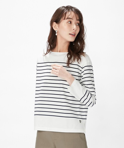 J.PRESS(ジェイプレス)の「【洗える】バスクボーダー プルオーバーカットソー(Tシャツ/カットソー・レディース・黄土色系1/ホワイト系1/サックスブルー系1・MEDIUM/LARGE)」の2枚目の写真
