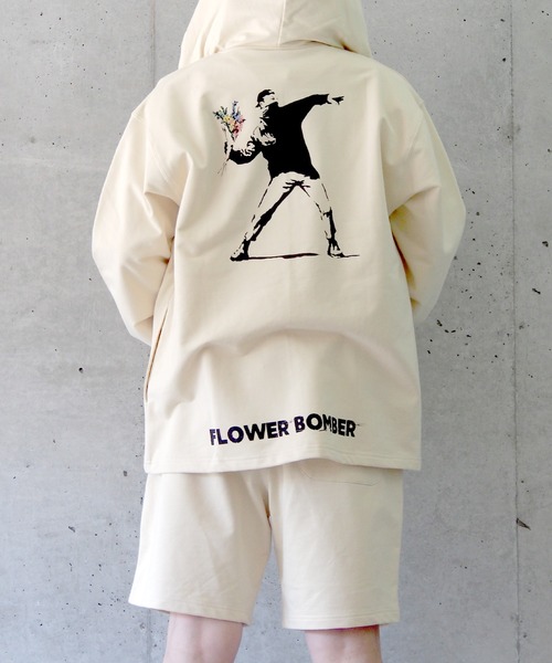 BRANDALISED(ブランダライズド)の「BRANDALISED ブランダライズド BANKSY バンクシー FLOWER BOMBER SETUP セットアップ(パーカー・メンズ・アイボリー/ブラック/杢グレー・MEDIUM/LARGE)」の2枚目の写真