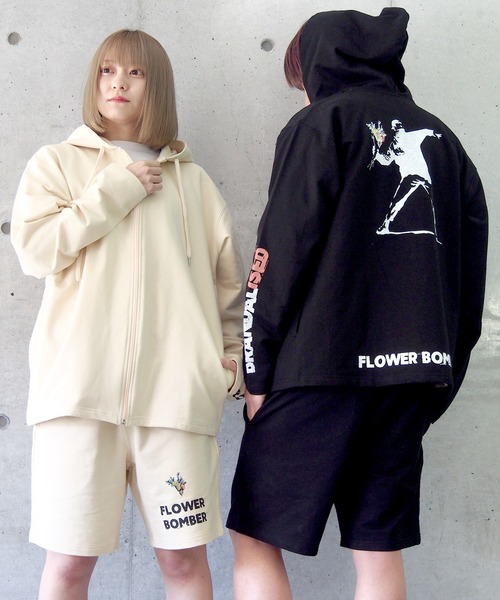 BRANDALISED(ブランダライズド)の「BRANDALISED ブランダライズド BANKSY バンクシー FLOWER BOMBER SETUP セットアップ(パーカー・メンズ・アイボリー/ブラック/杢グレー・MEDIUM/LARGE)」の3枚目の写真