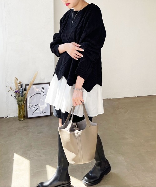 Shelly island（シェリーアイランド）の「【ニット+タンク2点SET】 レイヤードケーブルニットプルオーバー（ニット/セーター・レディース・ホワイト/ブラック・FREE）」の4枚目の写真