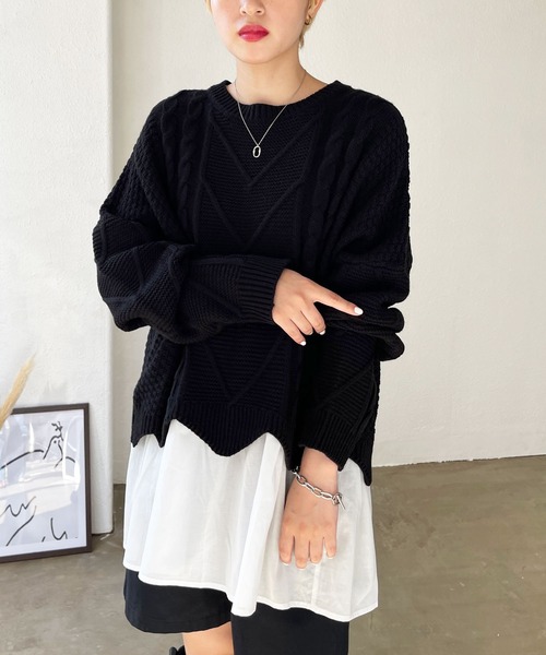 Shelly island（シェリーアイランド）の「【ニット+タンク2点SET】 レイヤードケーブルニットプルオーバー（ニット/セーター・レディース・ホワイト/ブラック・FREE）」の6枚目の写真