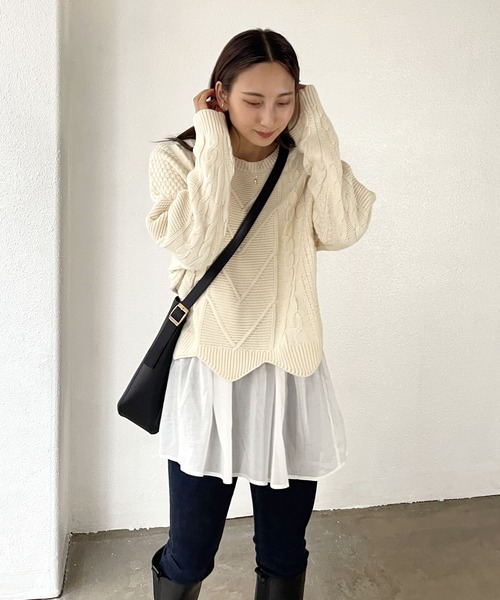 Shelly island（シェリーアイランド）の「【ニット+タンク2点SET】 レイヤードケーブルニットプルオーバー（ニット/セーター・レディース・ホワイト/ブラック・FREE）」の12枚目の写真