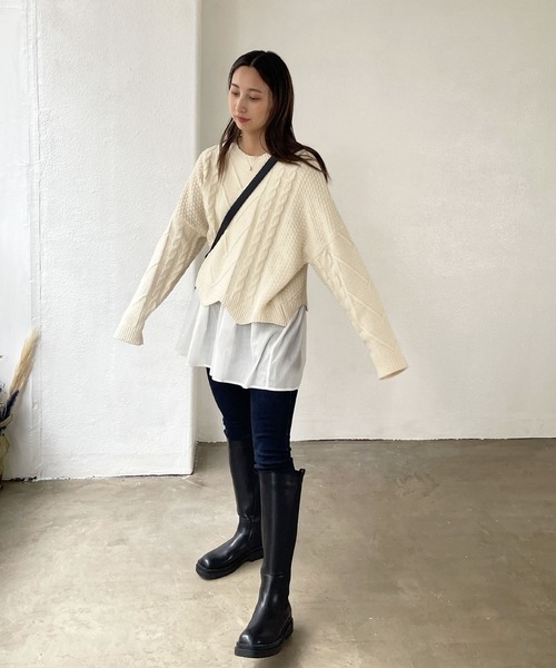 Shelly island（シェリーアイランド）の「【ニット+タンク2点SET】 レイヤードケーブルニットプルオーバー（ニット/セーター・レディース・ホワイト/ブラック・FREE）」の15枚目の写真