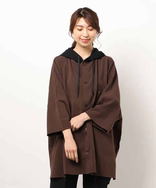 Bling Leads（ブリングリーズ）の「/Bling leads/梨地フードポンチョ配色半袖シャツ（シャツ/ブラウス・レディース・ブラック/グレイッシュベージュ/ブラウン/グレイッシュブルー・LARGE/MEDIUM）」の20枚目の写真