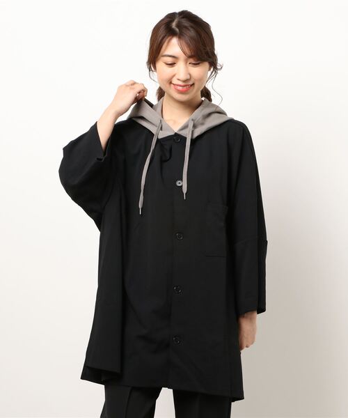 Bling Leads（ブリングリーズ）の「/Bling leads/梨地フードポンチョ配色半袖シャツ（シャツ/ブラウス・レディース・ブラック/グレイッシュベージュ/ブラウン/グレイッシュブルー・LARGE/MEDIUM）」の21枚目の写真