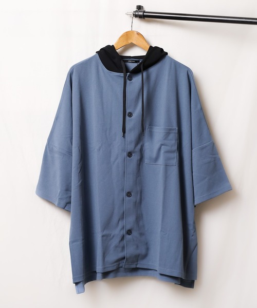 Bling Leads（ブリングリーズ）の「/Bling leads/梨地フードポンチョ配色半袖シャツ（シャツ/ブラウス・レディース・ブラック/グレイッシュベージュ/ブラウン/グレイッシュブルー・LARGE/MEDIUM）」の14枚目の写真