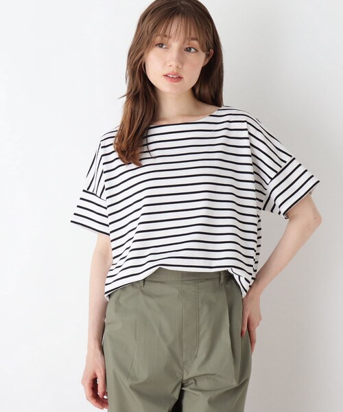 DRESKIP(ドレスキップ)の「◆袖切替ボートネックボーダーTシャツ(Tシャツ/カットソー・レディース・グレー系その他/ブラック系2/ベージュ系その他2/グリーン系3・02/04/03)」の2枚目の写真