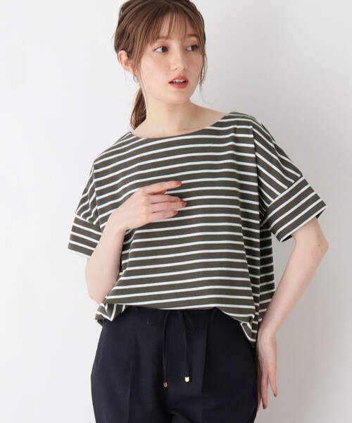 DRESKIP(ドレスキップ)の「◆袖切替ボートネックボーダーTシャツ(Tシャツ/カットソー・レディース・グレー系その他/ブラック系2/ベージュ系その他2/グリーン系3・02/04/03)」の1枚目の写真