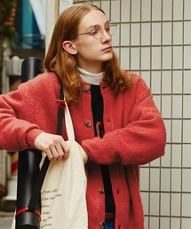 モヘアライクWジャガード編みクルーネック ドロップショルダールーズニットカーディガン